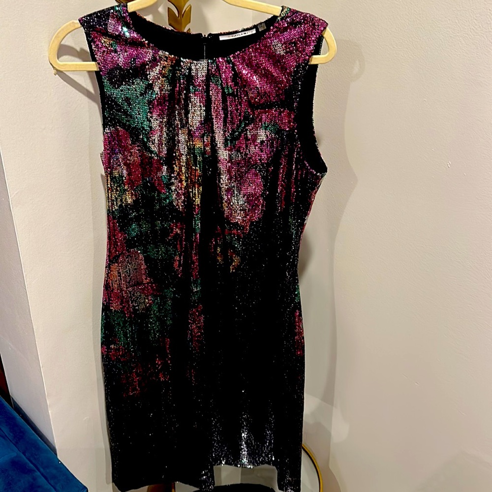 Tahari sequin multi colored dress below knee.